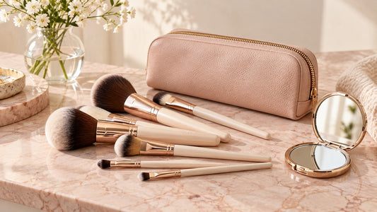 Makeup brushes, blush pouch and mirror for the BeautySift Brush Routine Workbook