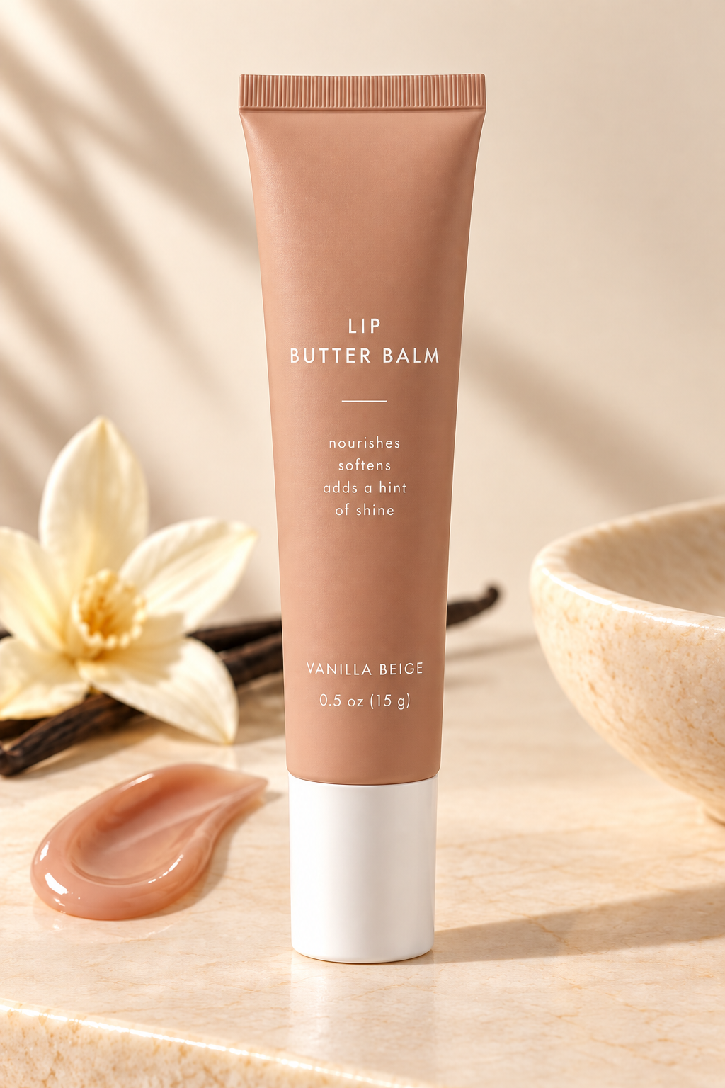 BeautySift editorial illustration of Vanilla Beige lip butter balm 0.5 oz (15 g), unbranded packaging