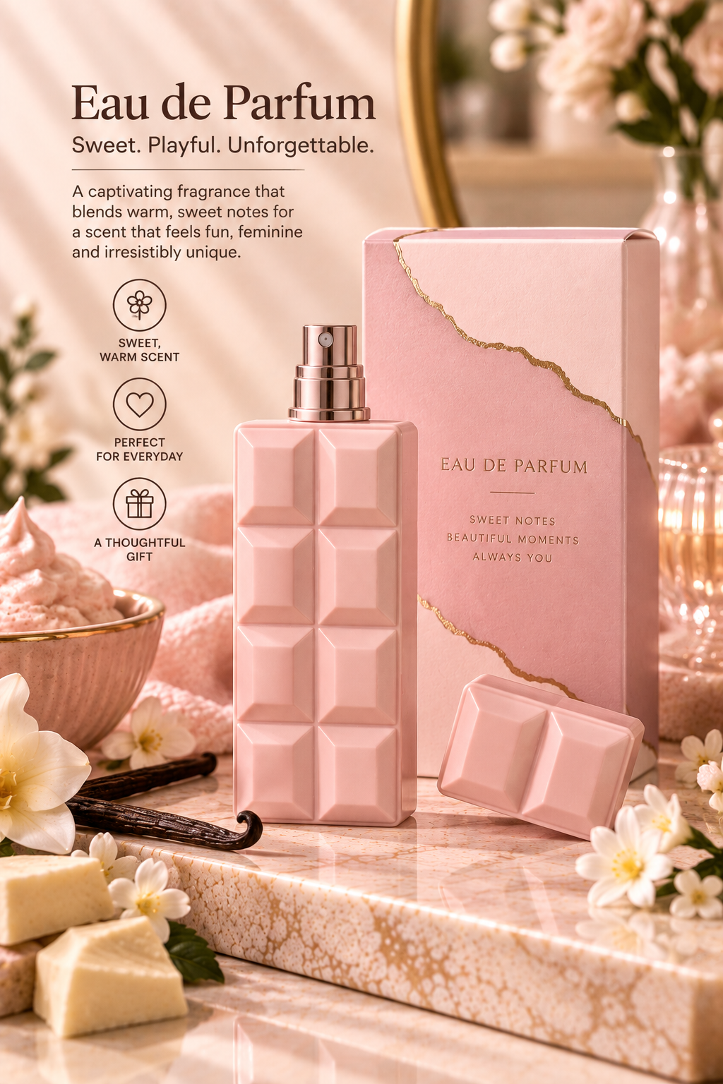 BeautySift editorial illustration of sweet gourmand eau de parfum; size to confirm